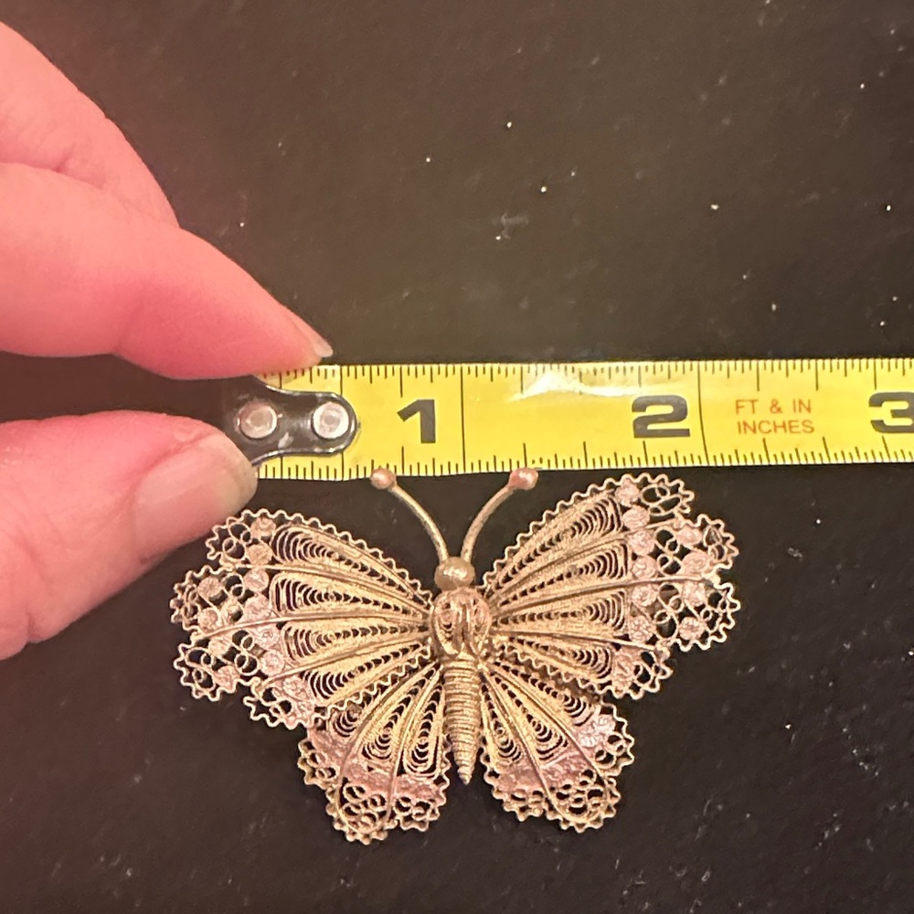Antique 800 Silver Filigree Butterfly Brooch – Gold Wash – 3D Design - Picture 2 of 4